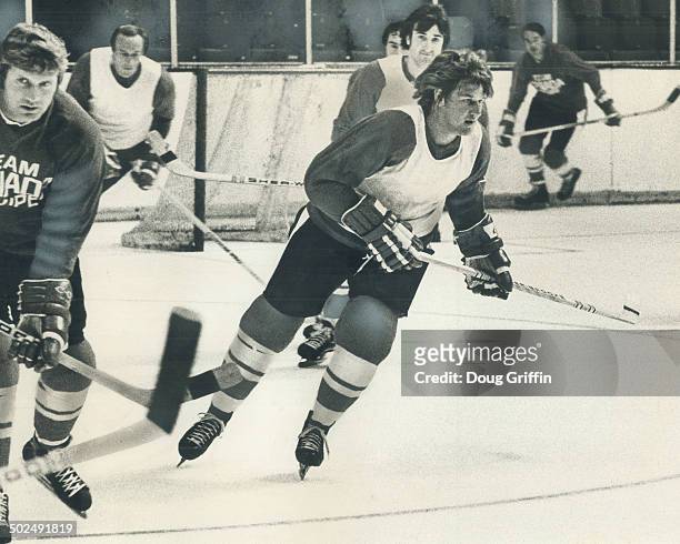 He's back: Bobby Orr; regarded by many as the finest hockey player in history; takes part in a light workout with Team Canada yesterday in Maple Leaf...