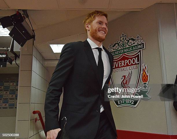 Adam Bogdan of Liverpool arrives before the Barclays Premier League match between Liverpool and Leicester City at Anfield on December 26, 2015 in...