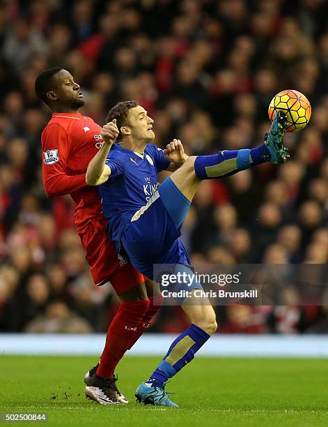 Andy King of Leicester City battles for the ball with Divock Origi of Liverpool during the Barclays Premier League match between Liverpool and...
