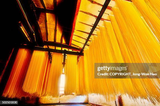 noodles hanging in the storage room - grundnahrungsmittel stock-fotos und bilder