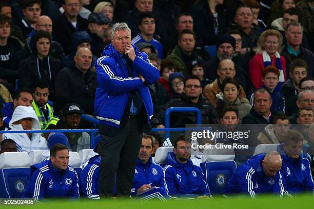 Guus Hiddink, manager of Chelsea watches the action from his technical area during the Barclays Premier League match between Chelsea and Watford at...