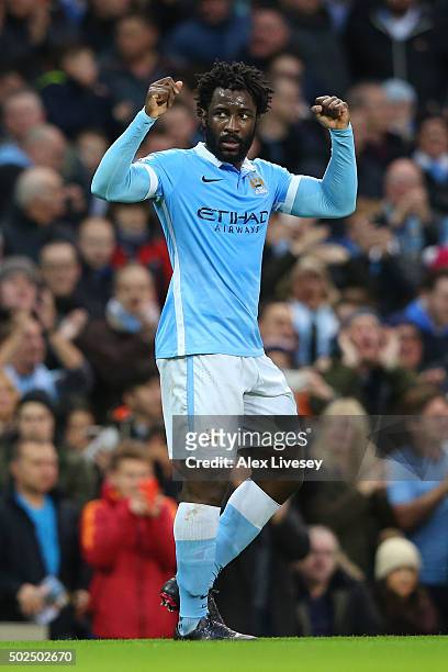 Wilfried Bony of Manchester City celebrates after scoring his team's third goal during the Barclays Premier League match between Manchester City and...