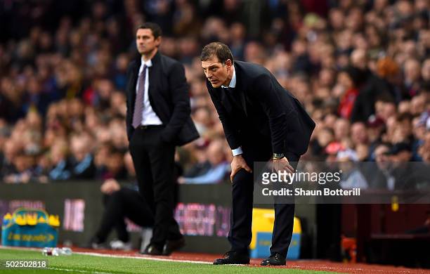 Slaven Bilic, Manager of West Ham United looks on during the Barclays Premier League match between Aston Villa and West Ham United at Villa Park on...