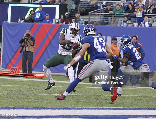 Wide Receiver Brandon Marshall of the New York Jets has a Touchdown against the New York Giants at MetLife Stadium on December 6, 2015 in East...