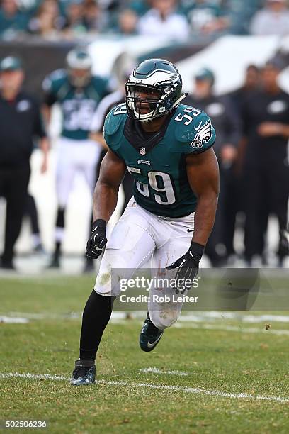 DeMeco Ryans of the Philadelphia Eagles in action during the game against the Buffalo Bills at Lincoln Financial Field on December 13, 2015 in...