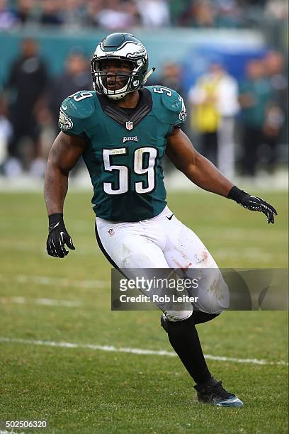DeMeco Ryans of the Philadelphia Eagles in action during the game against the Buffalo Bills at Lincoln Financial Field on December 13, 2015 in...