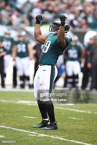 DeMeco Ryans of the Philadelphia Eagles celebrates during the game against the Buffalo Bills at Lincoln Financial Field on December 13, 2015 in...