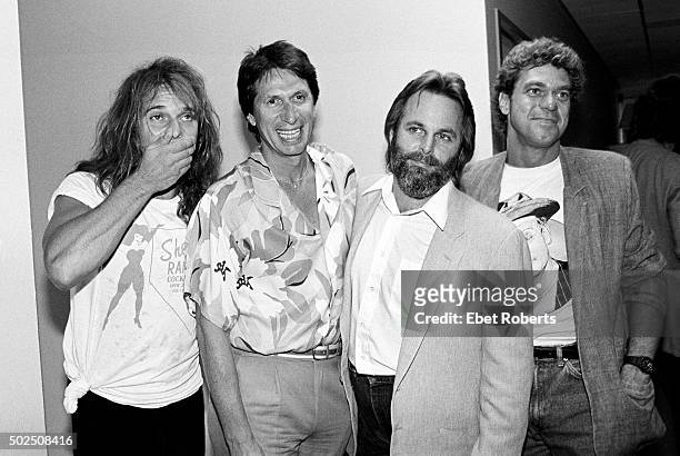 Singer David Lee Roth of Van Halen with comedian David Brenner, Carl Wilson of the Beach Boys and comedian Joe Piscopo on David Brenner's radio show...