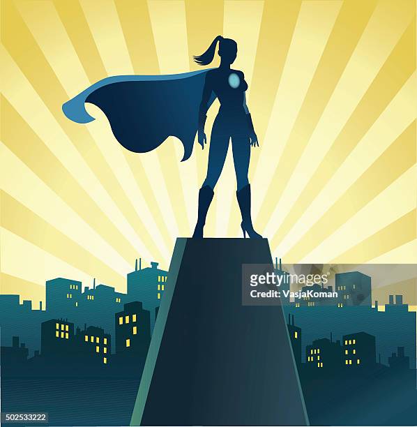 superhero woman on watch with skyline - cape garment stock illustrations