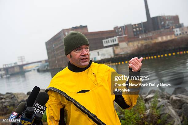 Clean Water Advocate Christopher Swain swims the entire length of the Newtown Creek Superfund Site, home to one of the largest oil spills in America,...