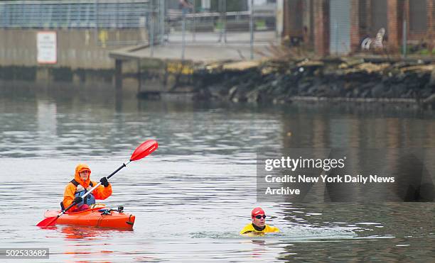 Clean Water Advocate Christopher Swain swims the entire length of the Newtown Creek Superfund Site, home to one of the largest oil spills in America,...