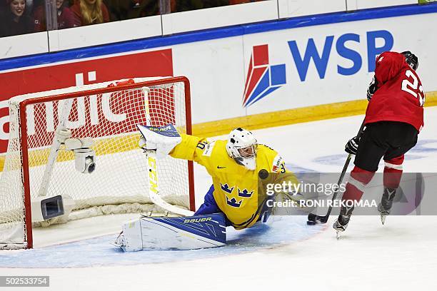 Switzerland's Tino Kessler scores the 3-7 goal behind Sweden's goalkeeper Linus Soderstrom during the 2016 IIHF World Junior Ice Hockey Championship...