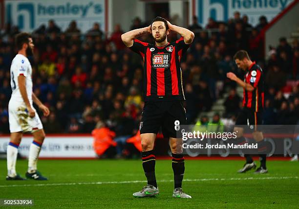 Harry Arter of Bournemouth reacts during the Barclays Premier League match between A.F.C. Bournemouth and Crystal Palace at Vitality Stadium on...