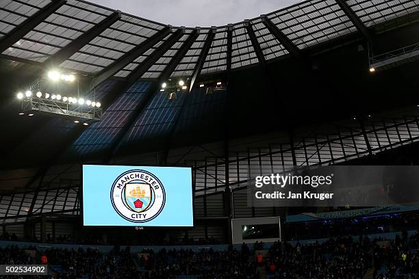 New club badge design is displayed during the Barclays Premier League match between Manchester City and Sunderland at the Etihad Stadium on December...