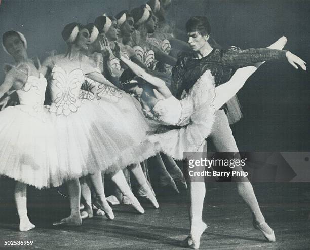 Guest Star Rudolph Nureyev; seen here with Dame Margot Fonteyn; gets lion's share of critic's blame. When he dances in Swan Lake; choreography is...