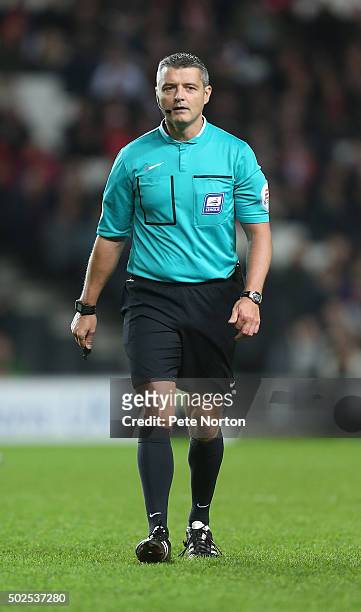 Referee Iain Williamson in action during the Sky Bet Championship match between Milton Keynes Dons and Cardiff City at stadium:mk on December 26,...