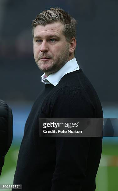 Milton Keynes Dons manager Karl Robinson looks on prior to the Sky Bet Championship match between Milton Keynes Dons and Cardiff City at stadium:mk...