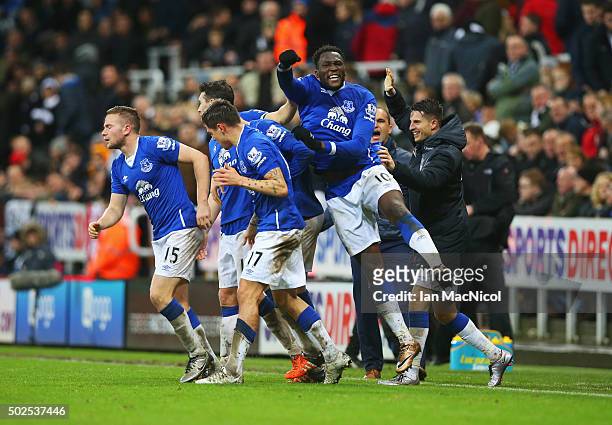 Romelu Lukaku of Everton celebrates with team mates as Tom Cleverley of Everton scores their first goal during the Barclays Premier League match...