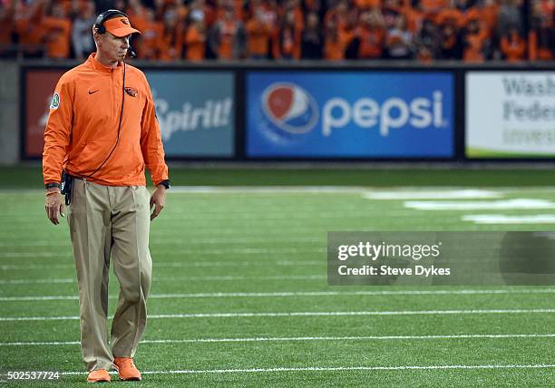 Head coach Gary Andersen of the Oregon State Beavers looks on from the sidelines during the second quarter of the game against the Stanford Cardinal...