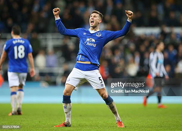 John Stones of Everton celebrates victory after the Barclays Premier League match between Newcastle United and Everton at St James' Park on December...