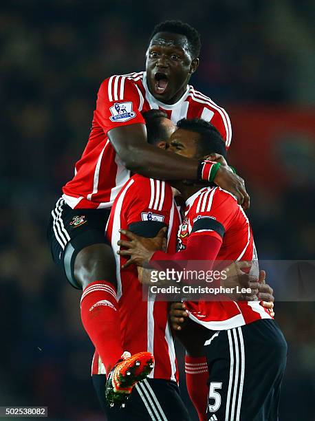 Cuco Martina of Southampton celebrates with Victor Wanyama and Jose Fonte as he scores their first goal with a long range shot during the Barclays...