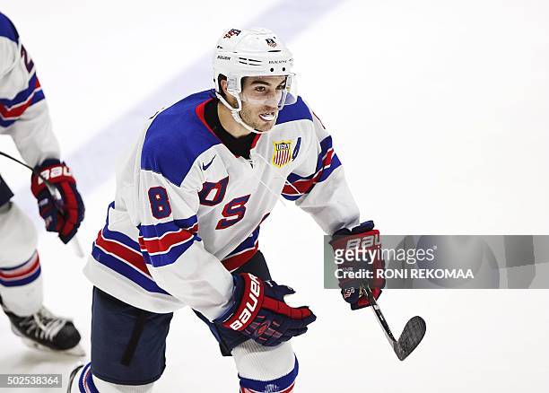 Louis Belpedio celebrates his 3-2 goal during the 2016 IIHF World Junior Ice Hockey Championship match between USA and Canada in Helsinki, Finland on...