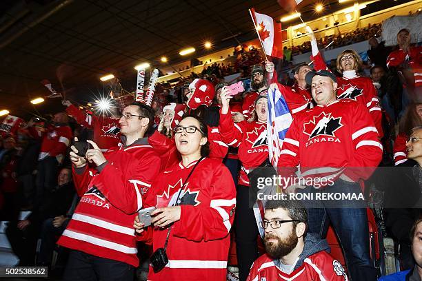 Supporters of Team Canada attend the 2016 IIHF World Junior Ice Hockey Championship match between USA and Canada in Helsinki, Finland on December 26,...