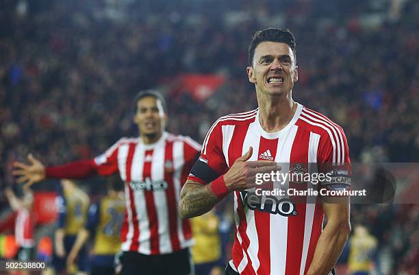 Jose Fonte of Southampton celebrates as he scores their third goal during the Barclays Premier League match between Southampton and Arsenal at St...