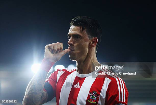 Jose Fonte of Southampton celebrates as he scores their third goal during the Barclays Premier League match between Southampton and Arsenal at St...