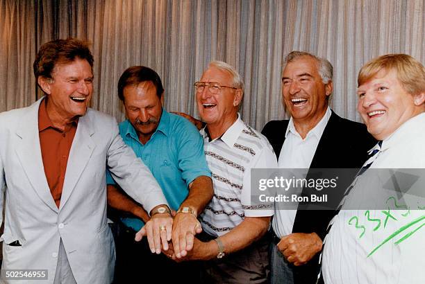 Happy day: Ex-NHLers; from left; Allan Stanley; Eddie Shack; Leo Reise; Andy Bathgate and Keith McCreary celebrate court ruling yesterday.