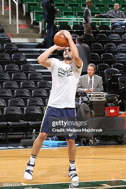 Raul Neto of the Utah Jazz warms up before the game against the Los Angeles Clippers on December 26, 2015 at vivint.SmartHome Arena in Salt Lake...