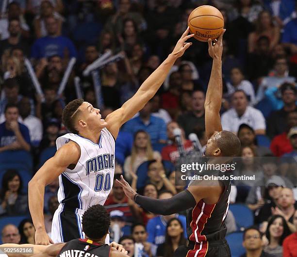 Orlando forward Aaron Gordon blocks a shot by Miami guard Dwyane Wade during the Miami Heat at Orlando Magic NBA game at the Amway Center on...