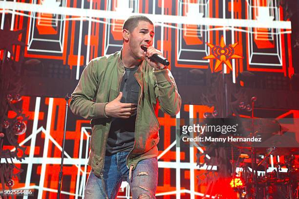 Nick Jonas performs during the 2015 Y100 Jingle Ball at BB&T Center on December 18, 2015 in Sunrise, Florida.