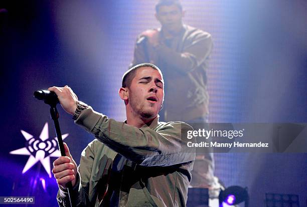 Nick Jonas performs during the 2015 Y100 Jingle Ball at BB&T Center on December 18, 2015 in Sunrise, Florida.