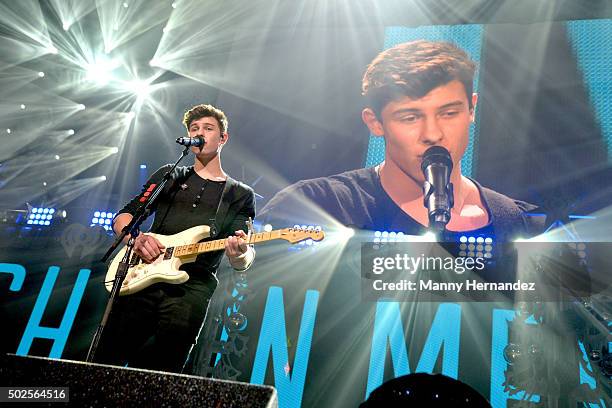 Shawn Mendes performs during the 2015 Y100 Jingle Ball at BB&T Center on December 18, 2015 in Sunrise, Florida.