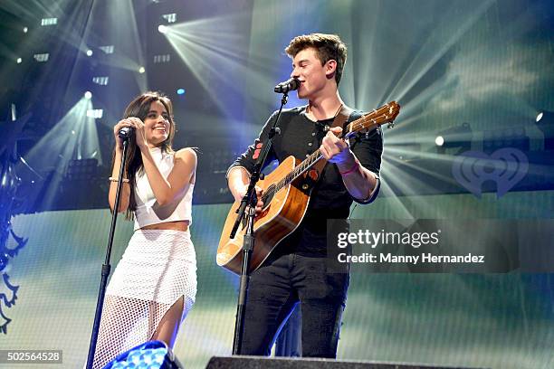 Camila Cabello and Shawn Mendes perform during the 2015 Y100 Jingle Ball at BB&T Center on December 18, 2015 in Sunrise, Florida.