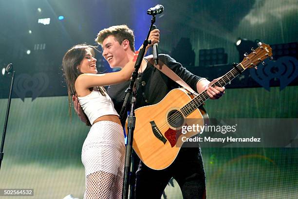 Camila Cabello and Shawn Mendes perform during the 2015 Y100 Jingle Ball at BB&T Center on December 18, 2015 in Sunrise, Florida.