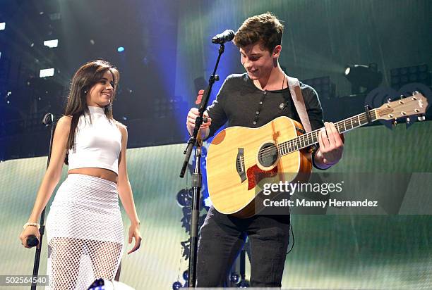 Camila Cabello and Shawn Mendes perform during the 2015 Y100 Jingle Ball at BB&T Center on December 18, 2015 in Sunrise, Florida.