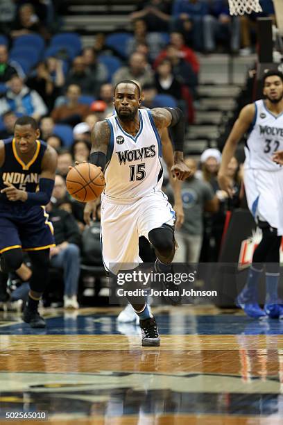 Shabazz Muhammad of the Minnesota Timberwolves brings the ball up court against the Indiana Pacers on December 26, 2015 at Target Center in...