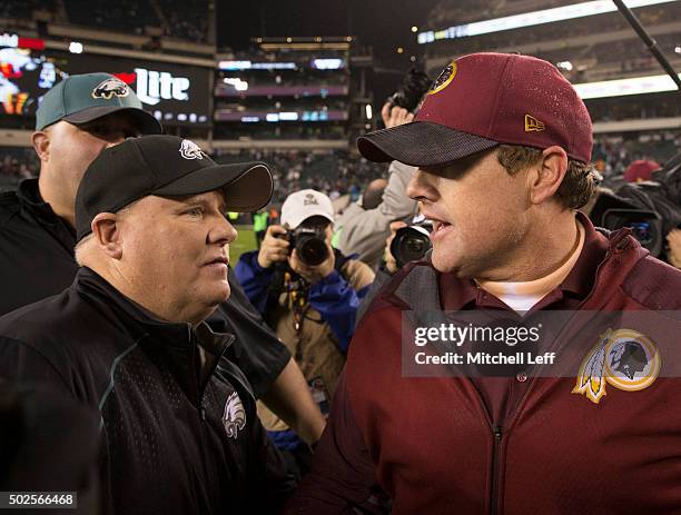 Head coach Chip Kelly of the Philadelphia Eagles shakes hands with head coach Jay Gruden of the Washington Redskins after the game on December 26,...