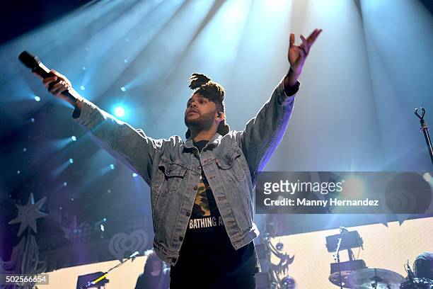 Abel Tesfaye of The Weeknd performs during the 2015 Y100 Jingle Ball at BB&T Center on December 18, 2015 in Sunrise, Florida.