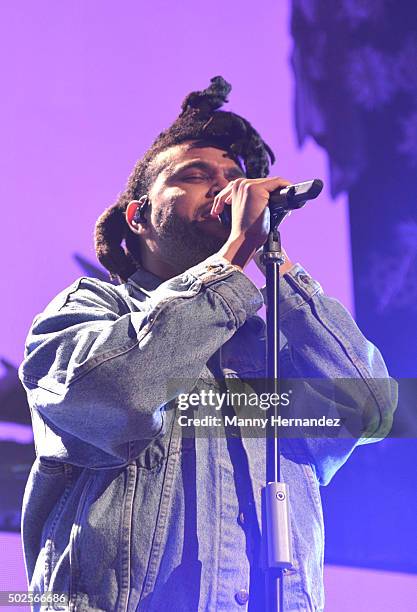 Abel Tesfaye of The Weeknd performs during the 2015 Y100 Jingle Ball at BB&T Center on December 18, 2015 in Sunrise, Florida.