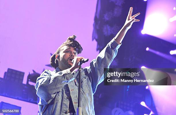 Abel Tesfaye of The Weeknd performs during the 2015 Y100 Jingle Ball at BB&T Center on December 18, 2015 in Sunrise, Florida.