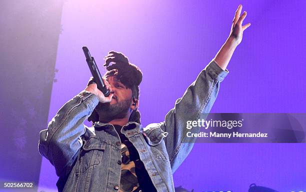 Abel Tesfaye of The Weeknd performs during the 2015 Y100 Jingle Ball at BB&T Center on December 18, 2015 in Sunrise, Florida.