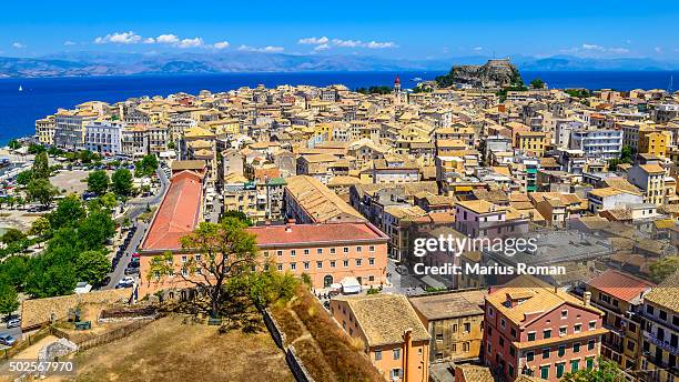 panoramic view of corfu old town, kerkyra, ionian islands, greece. - corfu town stock pictures, royalty-free photos & images