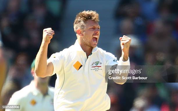 James Pattinson of Australia celebrates after dismissing Marlon Samuels of the West Indies during day two of the Second Test match between Australia...