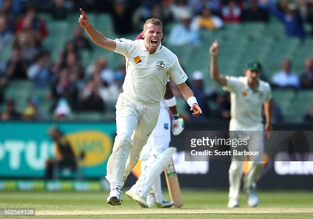 Peter Siddle of Australia celebrates after dismissing Jason Holder of the West Indies during day two of the Second Test match between Australia and...