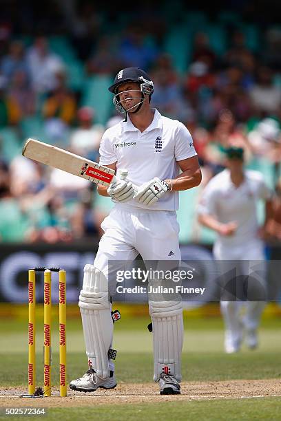 Nick Compton of England reacts after being caught out on 85 runs during day two of the 1st Test between South Africa and England at Sahara Stadium...