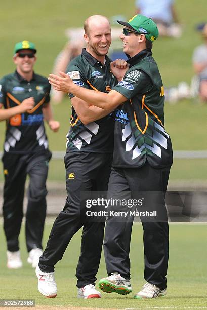 Seth Rance and Will Young celebrate a wicket during the Ford Trophy one day match between Central Stags and Canterbury at McLean Park on December 27,...