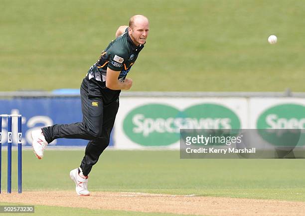 Seth Rance of Central Districts bowls during the Ford Trophy one day match between Central Stags and Canterbury at McLean Park on December 27, 2015...